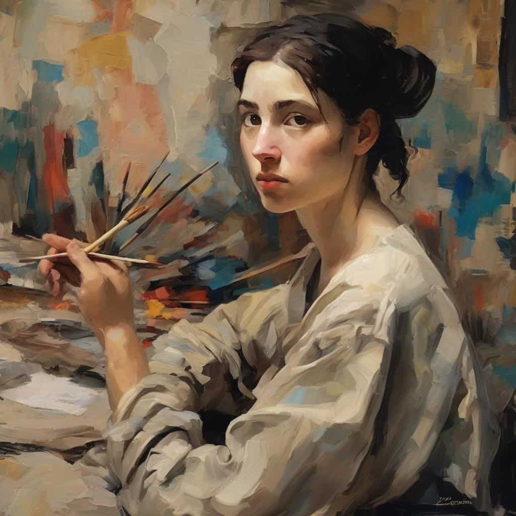 Μοντέρνα πίνακα ζωγραφικής, γυναίκα καλλιτέχνης με πινέλα, δημιουργική τέχνη και αλληλεπίδραση θεατή και έργου.