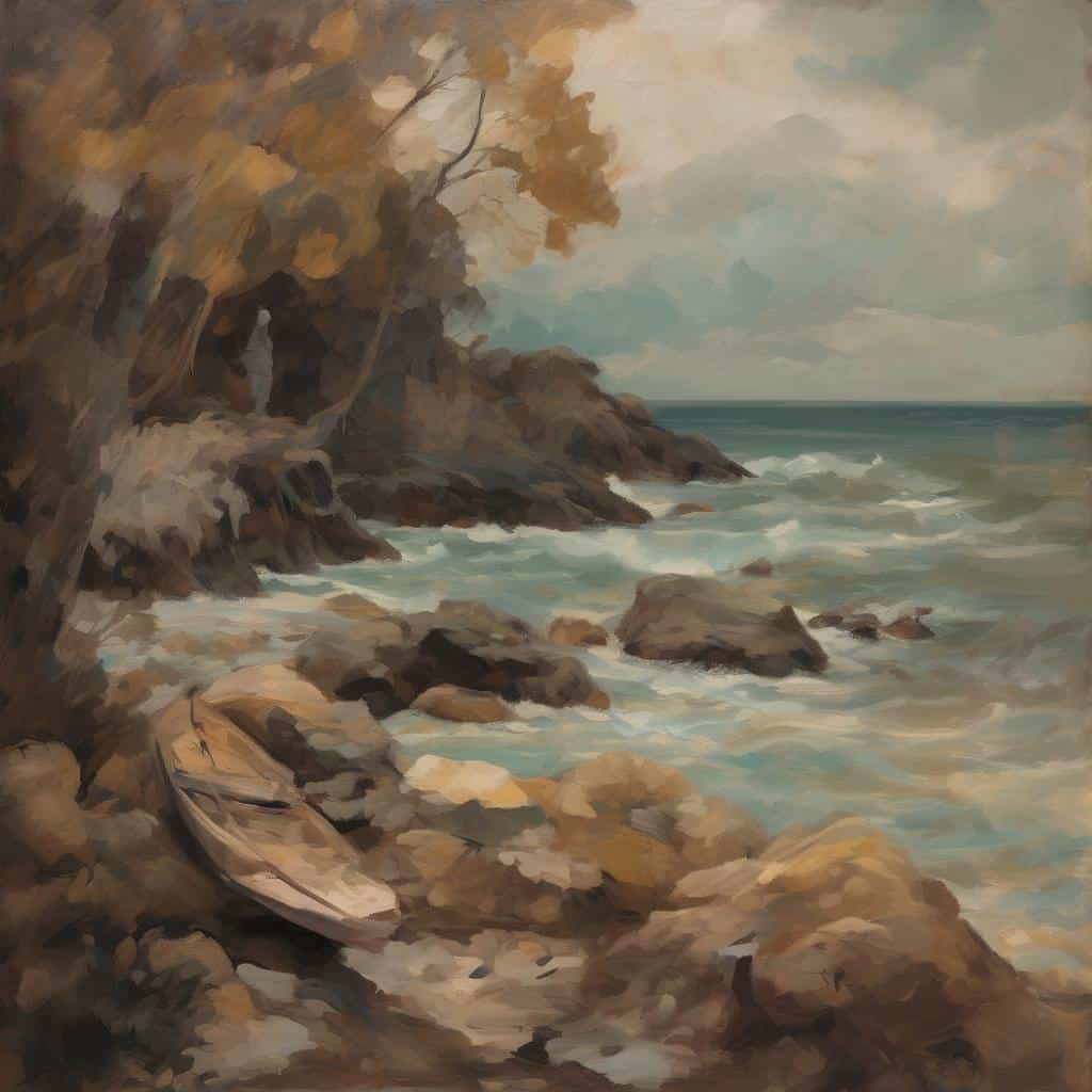 Ακτή με βότσαλα και φαράγγι, η τέχνη της αλληλεπίδρασης θεατή και έργου, φυσικά τοπία, ρομαντική ατμόσφαιρα.