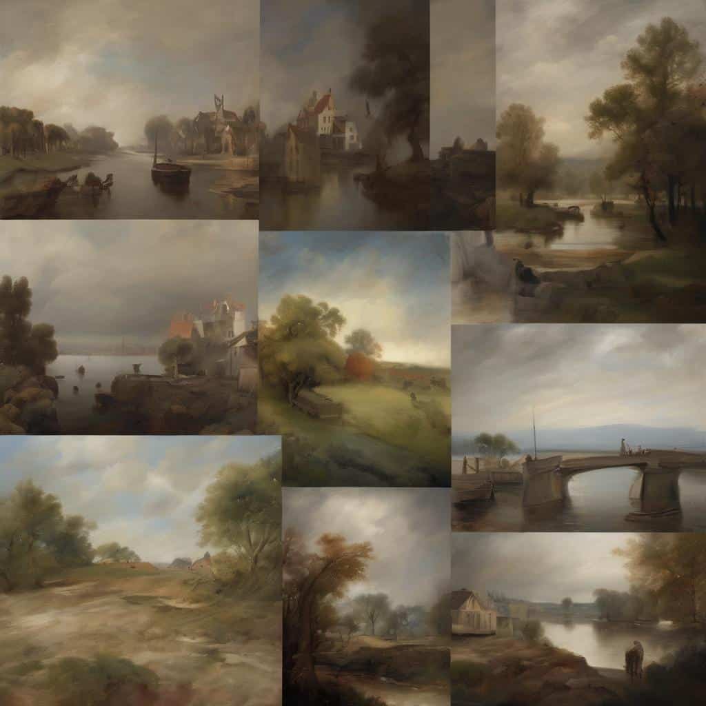 Οθόνες και έργα τέχνης που αναδεικνύουν την αλληλεπίδραση θεατή και έργου τέχνης, με φυσικά τοπία και ρεαλιστική ζωγραφική.