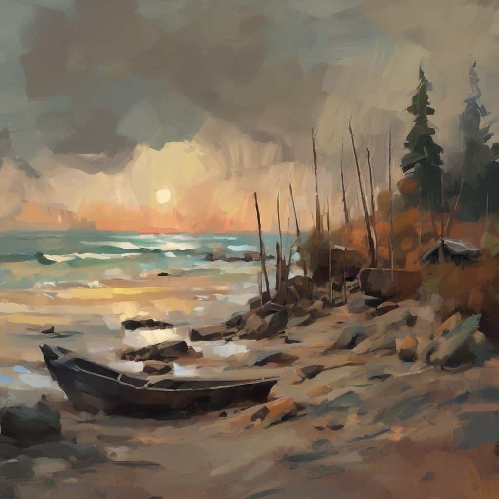 Ακτογραφία με απογευματινό ηλιοβασίλεμα στη θάλασσα, με βάρκες και παραθαλάσσια τοπία, τέχνη της αλληλεπίδρασης θεατή και έργου.