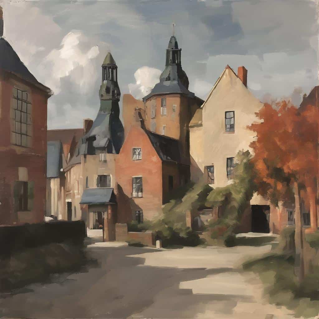 Μικρό κτίριο με πυργίσκους και κόκκινα κεραμίδια σε γλυπτική τέχνη αρχιτεκτονικής.